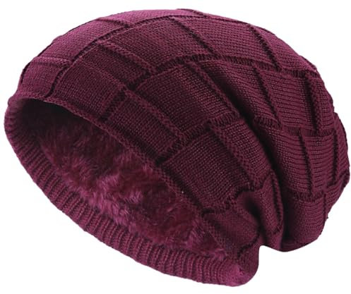 Hatstar Warme gefütterte Beanie Mütze Wintermütze Strickmütze Flechtmuster mit Fleece Innenfutter (dunkelrot)