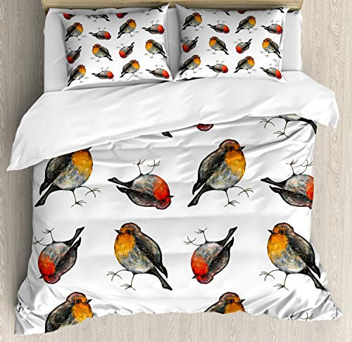 ABAKUHAUS Vogel-Druck Bettbezug Set für Einzelbetten, Rotkehlchen Farbe, Milbensicher Allergiker geeignet mit Kissenbezug, 200 x 200 cm - 70 x 50 cm, Marigold Vermilion
