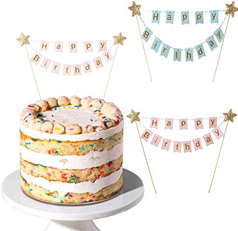 HUSZZM 2pcs Happy Birthday Tortendeko Kuchengirlande Wimpelkette Kuchen Wimpelkette Torten Girlande Geburtstag Wimpelkette Cake Topper Kuchen Topper für Torten Cupcake Kindergeburtstag Party Pink Blau