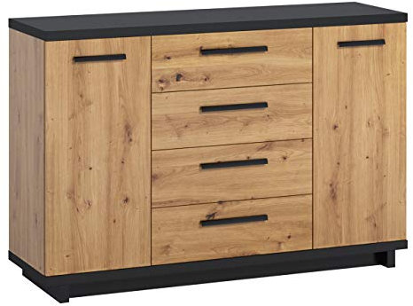 Kommode Ines K2D4SZ mit 4 Schubladen und 2 Türen, Anrichte in Holz-Optik, Highboard, Mehrzweckkommode, Schrank, Wohnzimmer, Esszimmer, Diele & Flur, Sideboard (Eiche Artisan + Schwarz / Eiche Artisan)