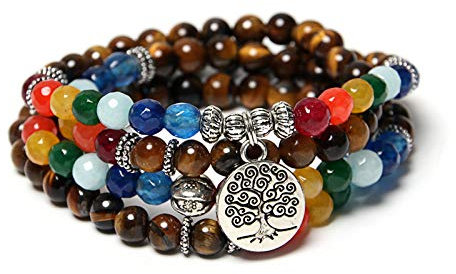 Stein Armband,Naturstein Armreif 7 Chakra 108 Mala Yoga Perlen Mit Baum des Lebens Charme Bracelets Für Angst Männer Mädchen Weihnachten Geschenk Schmuck
