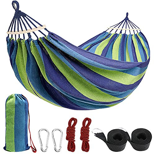 Hamac double extérieur, 2 personnes en toile de coton, hamac 260x150 cm, sangles d'arbre et cordes, parfait pour le camping extérieur/intérieur patio arrière-cour