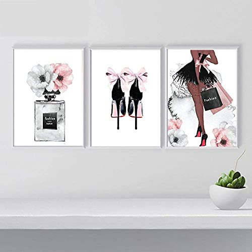 LIANGX Leinwand Bilder Poster Parfüm Flasche Mode High Heels Deko für Wand, Kunstdruck Frau Wandbilder für Home Schlafzimmer Wohnzimmer ohne Bilderrahmen (3X30x40cm)