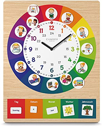 Cander Berlin MNU 11835 R Kinderwanduhr lautlos 40 x 30 cm geräuschlos Magnet-Bilder Kinderzimmer Tagesablauf Holzmotiv Lernuhr Kinderzimmer analog ohne Ticken Mädchen Jungen