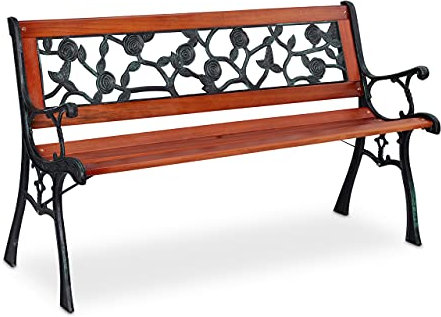 Relaxdays Panchina da Giardino, con Design Floreale, Panca a 2 Posti, Balcone e Terrazzo, Legno e Ghisa, Naturale Verde