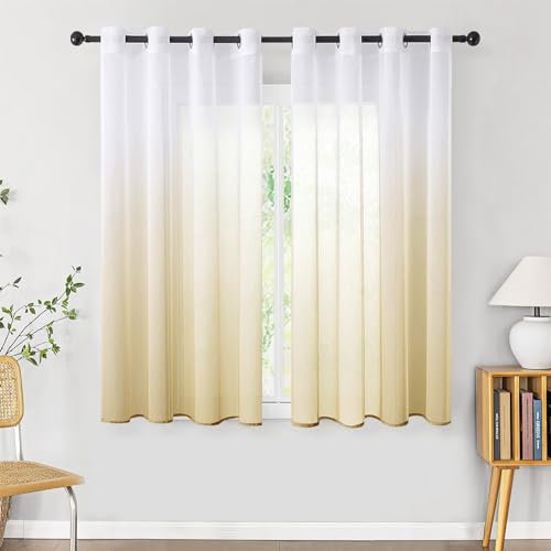 CUTEWIND Farbverlauf Vorhänge mit Ösen Transparente Gardinen Tüll und Voile Dekoschal für Fenster Schlafzimmer und Wohnzimmer 2er Set 145x140cm (HxB) Weiß-Beige