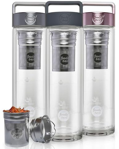 foodsbest® Flasche für alle Getränke, BPA-freie 0,4 L Teeflasche mit Sieb to go, Trinkflasche aus Glas für Kalt- & Heißgetränke, Reisebecher für alle Temperaturen, Thermoflasche - Teekanne - Teebecher