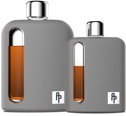 Ragproper Modern Glass Hip Flask for Men | Cork & Silicone Lid Liners | Firm Grip | Curved Edges | Durable Silicone Covered Flask for Whiskey | Liquor | Sprits | 100ml Single+ 240ml Double | Gray