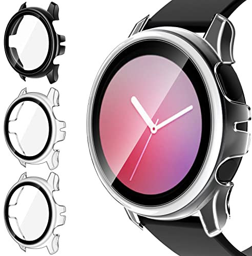 ivoler 3 Piezas Funda para Samsung Galaxy Watch Active 2 40mm, Protección Completa Protector de Pantalla de Cristal Vidrio Templado Duro PC Anti-arañazos Carcasa, 2 Transparente + 1 Negro