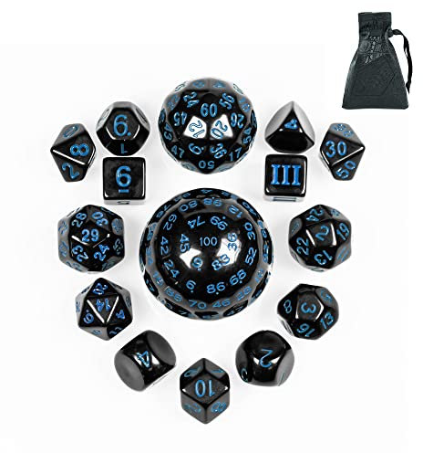 Poludie Polyedrisches DND-Würfelset D3-D100, kugelförmiges D&D-Würfel-Set mit Drachenaugen-Würfelbeutel, D100-Würfel für Dungeons and Dragons, RPG-Tischspiele (schwarz mit blauen Zahlen), 15-teilig