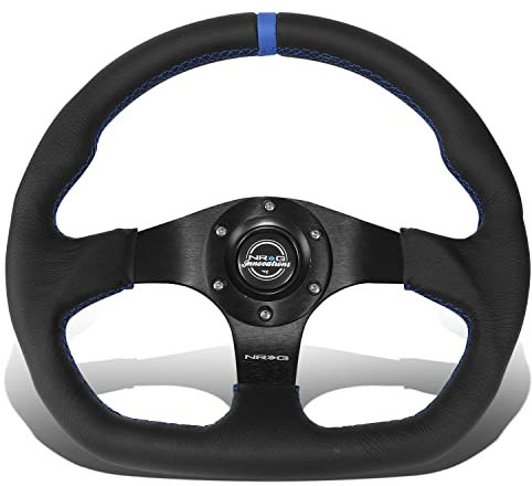 NRG Innovations RST-024MB-R-BL 3-Speichen-Lenkrad aus Wildleder mit Lederbezug und Hornknopf, 6 x 70 mm Bolzenmuster, blaue Naht