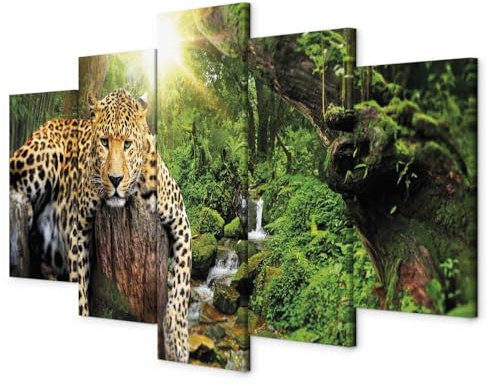B&D XXL - Wandbilder XXL 150x75cm 5 tlg - Wand Deko Leinwand Bilder Groß Wanddeko Wohnzimmer Schlafzimmer Kunstdrucke - Tier Leopard Natur g-C-0031-b-n
