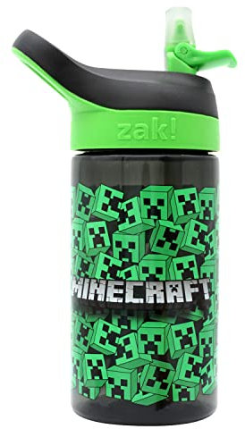 Minecraft - Borraccia per bambini, in plastica, senza BPA, unisex, resistente, per sport, scuola, portatile, riutilizzabile, a prova di perdite, 425 ml, con teste nere