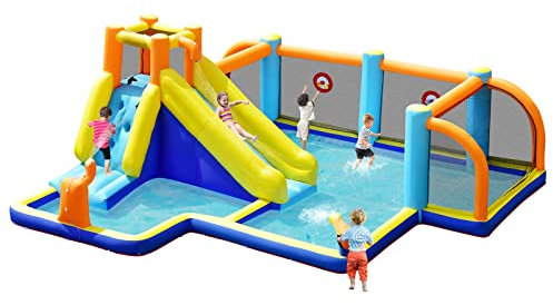 GYMAX Inflatable Water Castle, Kids Bounce House with Slide, Giant Soccer Zone, Climbing Wall, Water Cannons & Target Game, Outdoor Kids Bouncy Castle for Garden (without Blower)