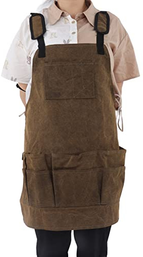 Luqeeg Woodworking Shop Apron with Large Capacity Pocket, Waxed Canvas Apron 16 Oz Heavy Duty Work Apron for Carpentry Electrician, Fully Adjustable to S - XXXL