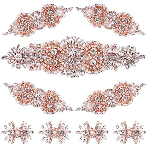 9 Stück Strass-Applikationen Kristall Hochzeit Applikation Bügelbild DIY Nähen Applikationen für Brautkleid, Hochzeitskleid, Kleidung, Schuhe, Dekoration, handgefertigtes Hochzeitszubehör (Roségold)