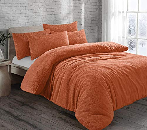 NIGHTZONE Teddy Fleece Duvet Cover Set With Pillow Case Thermal Fleece Warm Cosy Soft Fur Teddy Bedding Duvet Cover Set (Tangerine, Super King)