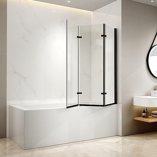 EMKE Duschwand für Badewanne Schwarz 120x140 cm, Duschtrennwand für Badewanne 3-teilig Faltbar, Duschabtrennung Badewanne Duschwand Badewanne 6mm NANO-GLAS Badewannenaufsatz Badewannenwand