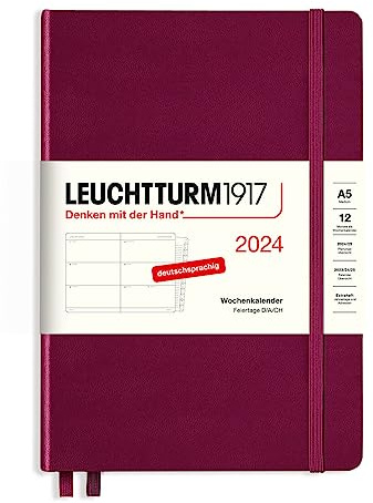 LEUCHTTURM1917 367613 Wochenkalender Medium (A5) 2024, mit Extraheft für Adressen und Jahrestage, Port Red, Deutsch, 12 Monate
