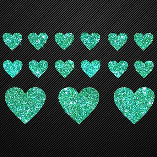 Glitzerdeals Bügelbilder Glitzer Set 15 Herzen in Glitzer jade Aufbügler für Textilien Karneval Kostüm Herzen Bügelflicken Herz Fasching Patch zum Aufbügeln Herzen