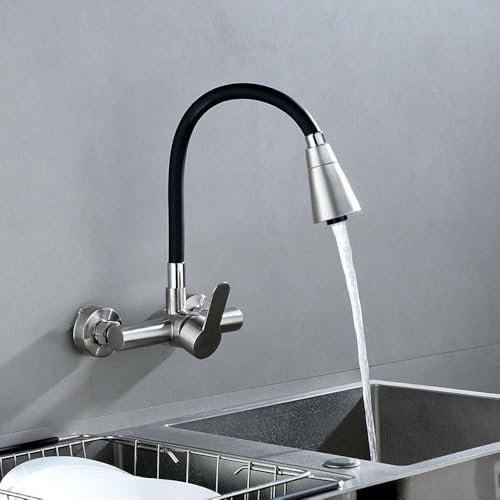HomeLava Rubinetto Cucina Flessibile a Parete, Rubinetti da Cucina Lavello Girevole a 360° in Acciaio Inox, Miscelatore Cucina a 2 Modalità