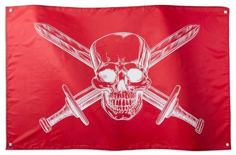 Runesol Bandera Pirata Roja, 91x152cm, 3ft x 5ft, Bandera Pirata de Fiesta de Cumpleaños, Bandera de la Calavera, Bandera de Halloween, Gótica, Interior y Exterior, Colores Vívidos