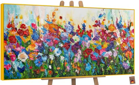 YS-Art Abstrakt Acryl Gemälde auf Leinwand Blumige Farben handgemalt Wandbilder Wohnzimmer modern Wohndekor Bild Blumen Weide Wiese bunt echte Kunst 140x70 cm
