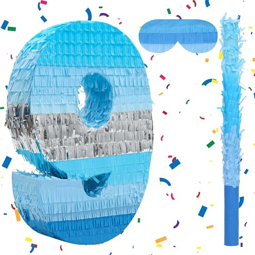 Birchio Pinata-Set mit Zahl 9 mit Augenbinde und Fledermaus (41 x 29 x 10 cm), perfekt für Geburtstagspartys, Bausteine, Themen-Geburtstag, Dekoration