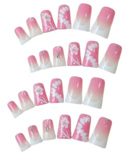 Laluerck Duck Feet Nail Tips False Nail Flower Print Artificial Nail with Rhinestones for Beginners Nail Decoration Practice