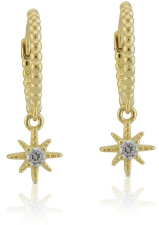 Henor Orecchini a cerchio Gallon con motivo rosa dei venti, argento sterling 925 placcato oro 18 carati e zircone bianco + chiusura ad ancora creola AAA. Lucidato a mano. PD2315946O