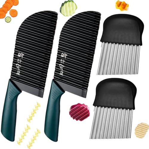 Minging 4 Stück Wellenschneider für Pommes, Wellenschneider Wellenschnittmesser aus Edelstahl Riffelmesser Wellenmesser Buntschneidemesser Kartoffel Gemüsehobel Kartoffel gewellte Klinge (schwarz)