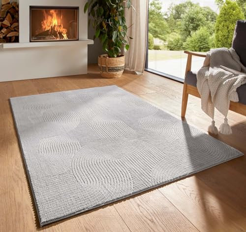 Taracarpet Kurzflor Boho Skandi Polyester Teppich in 3D Optik waschbar, pflegeleicht und robust ideal fürs Wohnzimmer, Schlafzimmer und Kinderzimmer auch als Badematte Grau Wellen 050x080 cm