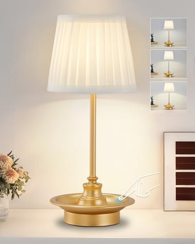 GyroVu Cordless Table Lamp,Battery Operated Table Lamps, Rechargeable LED Desk Lamp with Fabric Shade, 3-Level Brightness Touch Lamp,Small Bedside Table Lamp for Home Bedroom Restaurant Camping