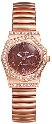 JewelryWe Damenuhr Elastische Achteckige Uhr: Glitzer Zirkonia Diamant Analog Quarz Armbanduhr Damen Rosegold Edelstahl Stretch-Armband Braun Zifferblatt Uhr mit Zugarmband & Achteckig Gehäuse
