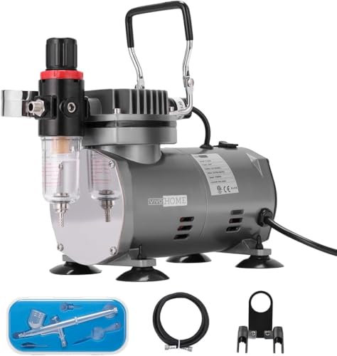 VIVOHOME Airbrush Set mit Kompressor 1/5 PS Leistungsstarker Luftstrom Luftdruck inkl. Double Action Airbrush Pistole mit Halterung und Zubehör für Einsteiger Profis Kunst Tattoo Nail