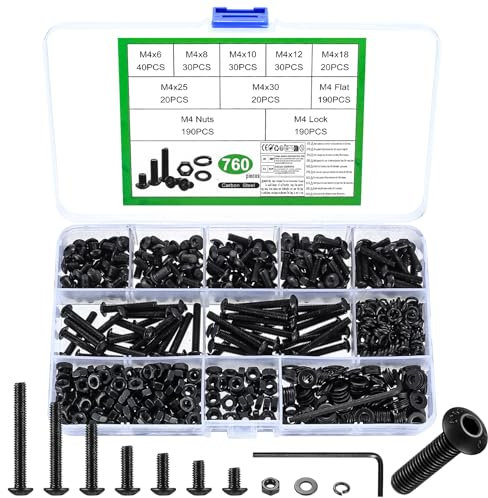 760 Pz Set di Viti M4, Set di Bulloni e Dadi, Viti a Brugola Esagono Incassato e Dadi e Rondelle, Viti Bulloni a Testa Esagonale Cilindrica, Viti a Testa Cilindrica con Esagono Incassato Nere(M4)