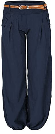 Cindeyar Damen Haremshose Elegant Winter Pumphose Lange Leinen Hose mit Gürtel Aladin Pants,1 Hosen+1 Gürtel (M, Dunkelblau)