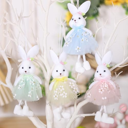 Osterdeko Hase Figuren, 4 Stück Osteranhänger zum Aufhängen, Osterhase Deko Anhänger, Ostern Deko Wichtel Hase Plüsch Puppen Figur für Frühlingsdeko Osterdeko Ostergeschenk (A)