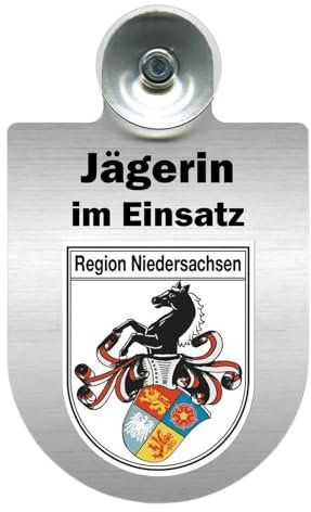 Alu-Dienstschild Jägerin im Einsatz, Wappen, 10x16 cm, für Auto, Fahrzeug mit Saugnapf für Windschutzscheibe (Niedersachsen)