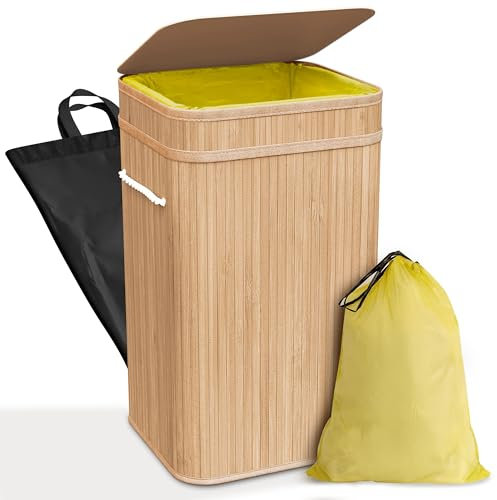 COTTARA® Müllsackständer gelber Sack Mülleimer aus Bambus inkl. waschbare Innentasche – Mülleimer Gelber Sack Ständer stabil doppelt verstärkt mit Deckel – Gelber Sack Behälter 60L (Hellbraun)