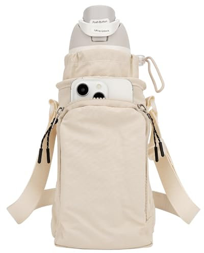 Linkidea Water Bottle Carrier with Strap Compatible with Owala FreeSip 24oz/32oz, IRON FLASK Wide Mouth 32oz, Waterbottle Sling Bag Holder, Shoulder Strap with Phone Pocket (Beige)