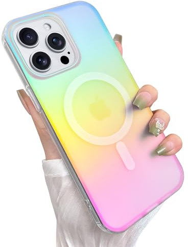Heaofei Cute Case for iPhone 15 Pro Max Case for Women Girls [Compatible with Magsafe] Aesthetic Girly Glitter Bling Rainbow Magnetic Protective Phone Cover, Translucent Iridescent Blue & Pink