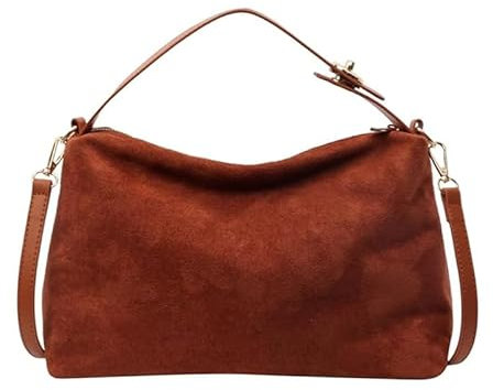fdsmall Wildleder Umhängetasche Leder Cross Body Bag Frauen Damen Handtaschen Vintage Crossbody Taschen mit verstellbarem Riemen (Brown)