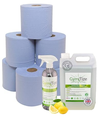 GymiTize, Gym Equipment Spray, 5 ltr Tub Plus Our Sanitiser Trigger Spray Bottle, (1 x 5 litres, 1 x Spray Bottle 6 Blue Rolls)
