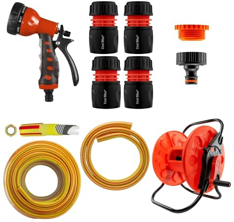 KIT 6 Garden Hose Reel Cart Set with 15m Premium Hose, 8-Pattern Spray Gun, Tap and Hose Connectors