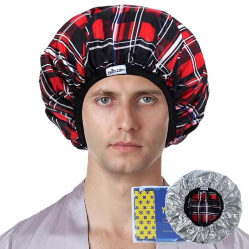 Years calm Men’s Heat Cap for Deep Conditioning – Reusable Hair Treatment Cap with Foil Lining, Stretchable Elastic Band, Stylish Print, for Steam Therapy, Hair Mask, Oil (Red, One Size)