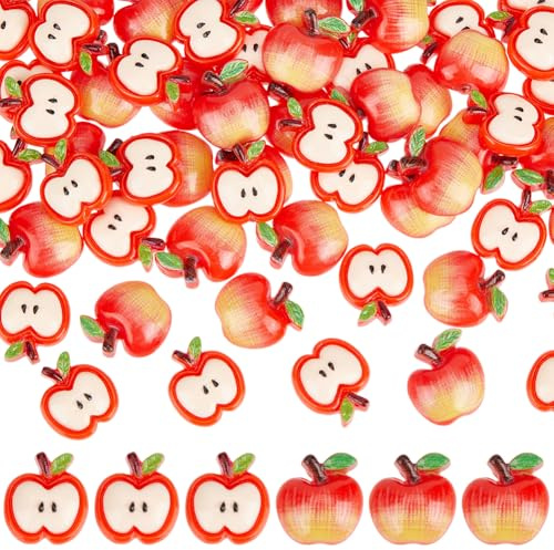 SUNNYCLUE 1 Box 60 Stück 2 Stile Apfel Charms Obst Cabochons Großpackung Kunstharz 3D Süße Rote Flache Rückseite Imitation von Äpfeln Scheiben Weiche Obst Cabochons Für Schmuck Kunst Haarspangen Scrap