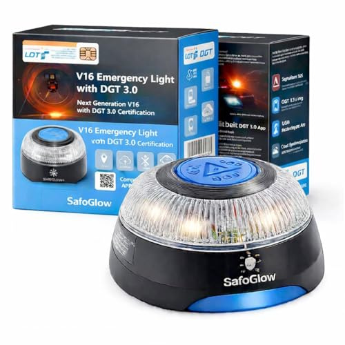 Safeglow® Warnleuchte V16 DGT 3.0 Notlicht inkl. SIM Karte - IDIADA Zulassung Nr. PC21020060 - Warndreieck - Pannendreieck ab 2026 Spanien - für Auto & Motorrad (V16 Leuchte mit SIM - DGT 3.0)