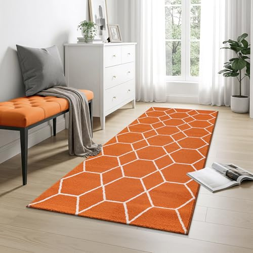 SANAT Wohnzimmerteppich – Pflegeleicht, für jeden Raum geeignet – Öko-Tex zertifizierter Flächenteppich – Trellis Muster, Orange, 60 x 110 cm