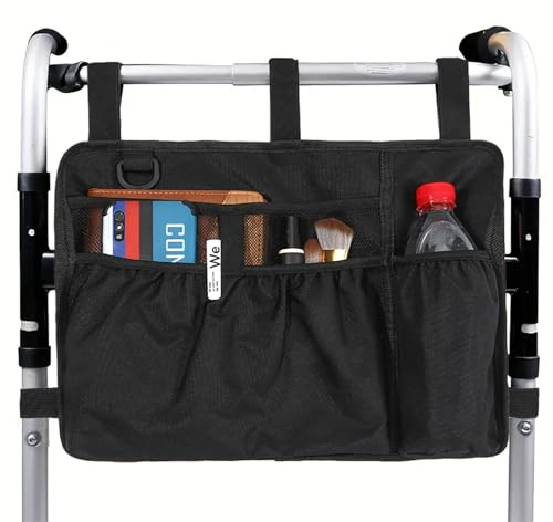 Walking Frame Bag with Cup Holder – Hands-Free Storage Caddy for Folding Walker, Rollator & Zimmer Frame (Black)